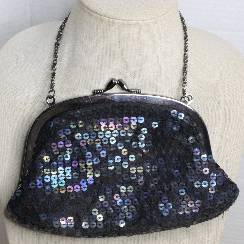 Old Navy Clutch Sequin‎ Iridescent Y2K Kiss Lock Evening Bag OS Black Gunmetal